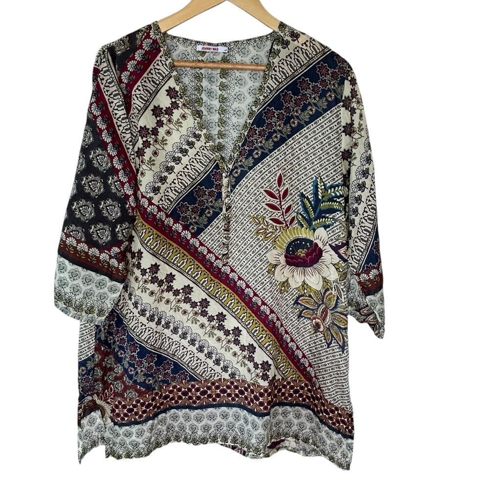 Johnny Was 100% silk tunic top in cream burgundy and blue size large
